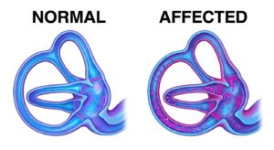 정상 반고리관과 이석이 이탈한 상태를 비교하는 다이어그램